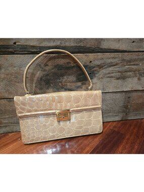 Vintage Tan Crocodile-Embossed Leather Handbag with Gold-Tone Lock Closure